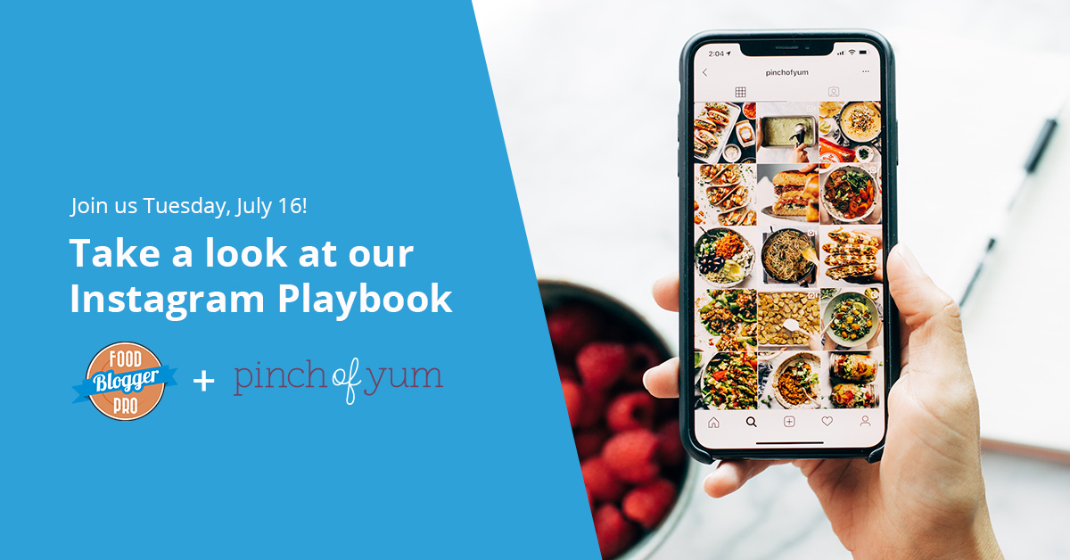 photo of a hand holding a phone with an Instagram feed on the screen and information about Food Blogger Pro's Instagram Playbook event