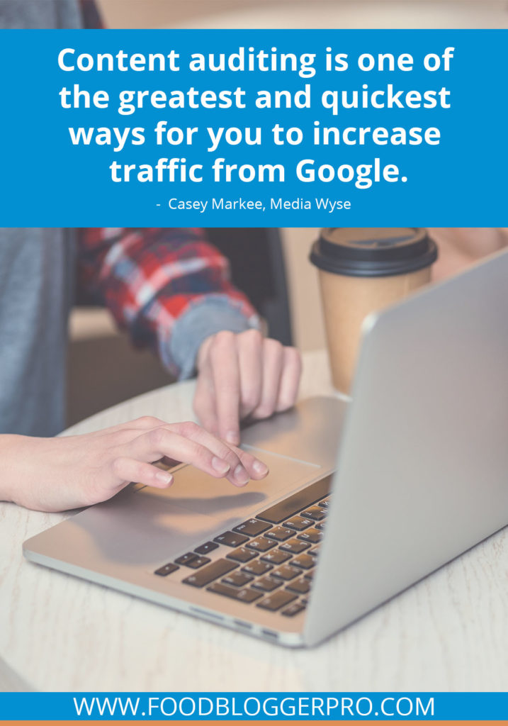 A quote from Casey Markee’s appearance on the Food Blogger Pro podcast that says, 'Content auditing is one of the greatest and quickest ways for you to increase traffic from Google.'