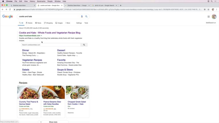 Screenshot of Google Search Results for Cookie and Kate with a sitelink searchbox