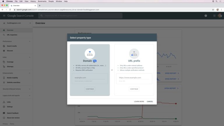 screenshot from Google Search Console where you select your property type