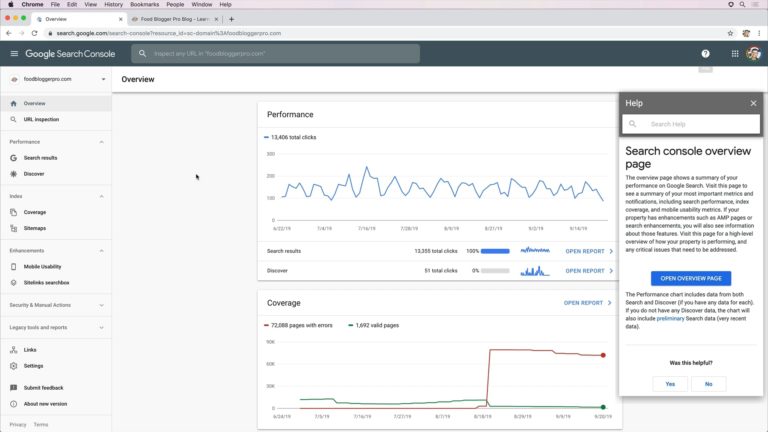 screenshot of the overview page in Google Search Console with a help window expanded