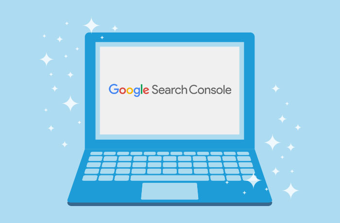 Graphic of blue laptop in front of a blue background with the Google Search Console title on the screen