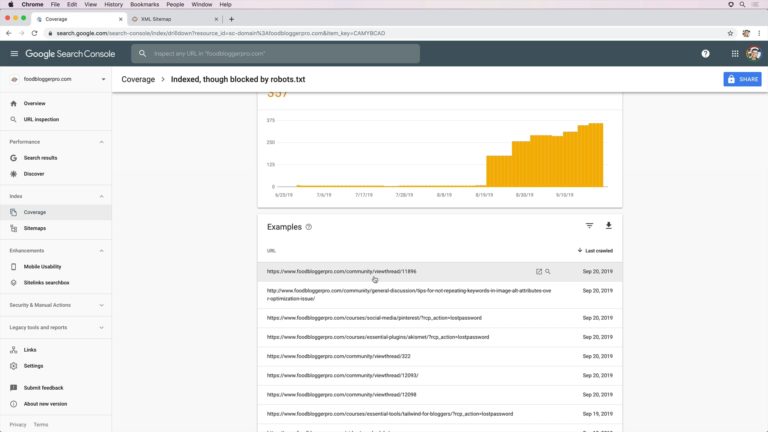 Screenshot from the Coverage page on Google Search Console