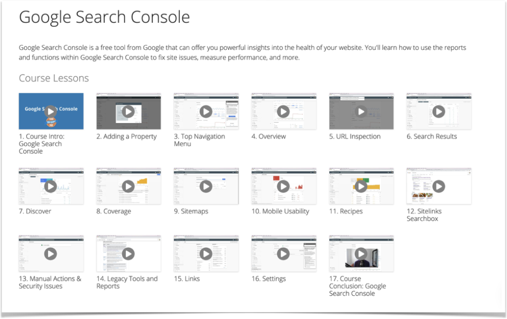 A screenshot of the Google Search Console course lesson videos on Food Blogger Pro