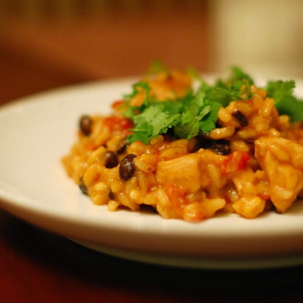 Risotto dish on a plate shot with overhead lighting