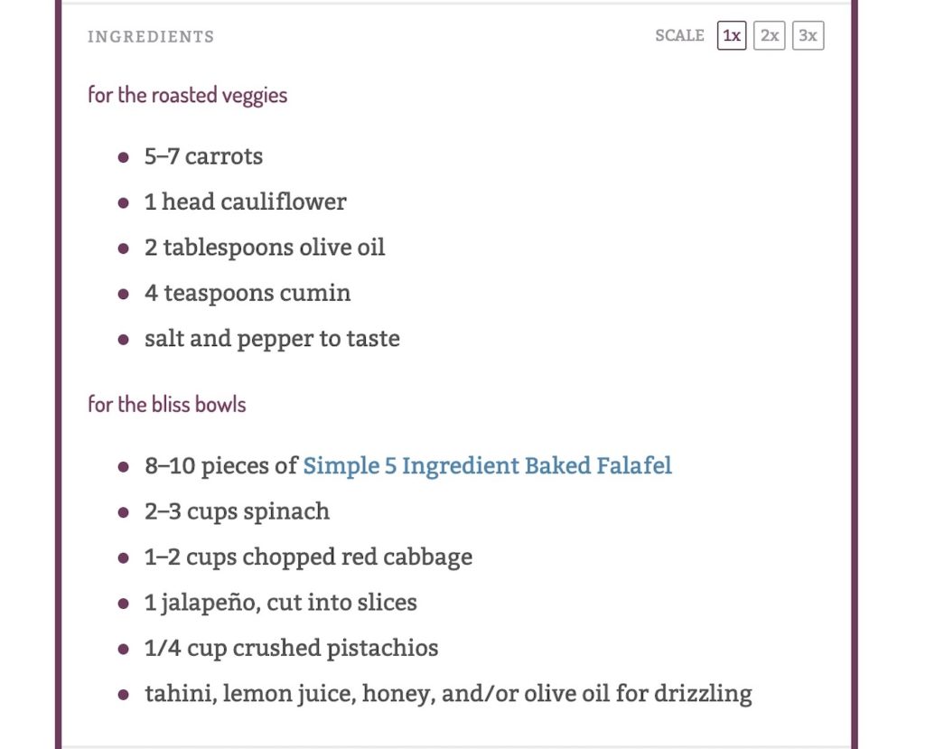 A screenshot of the ingredients in a Tasty Recipes recipe on WordPress