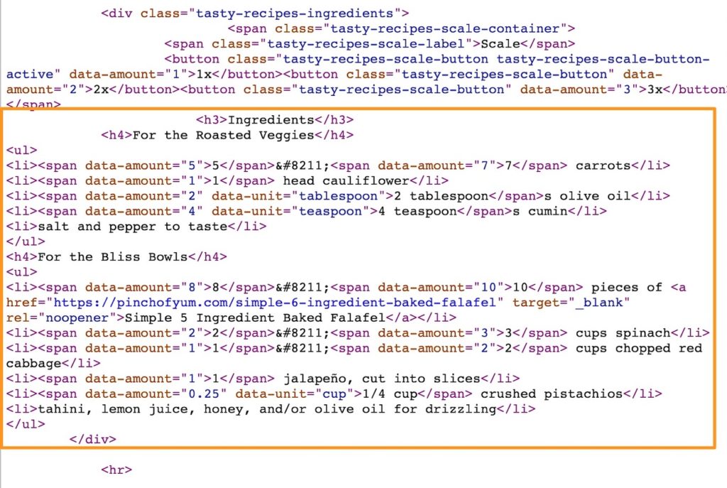 A screenshot of the pageview of a Tasty Recipe recipe on WordPress with the ingredients highlighted