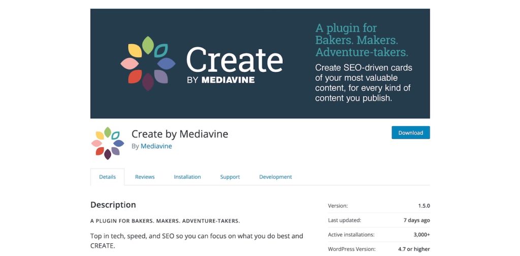 A screenshot of the Create by Mediavine download page on WordPress