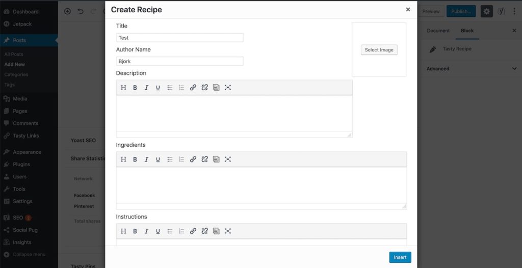 A screenshot of the Tasty Recipes editor