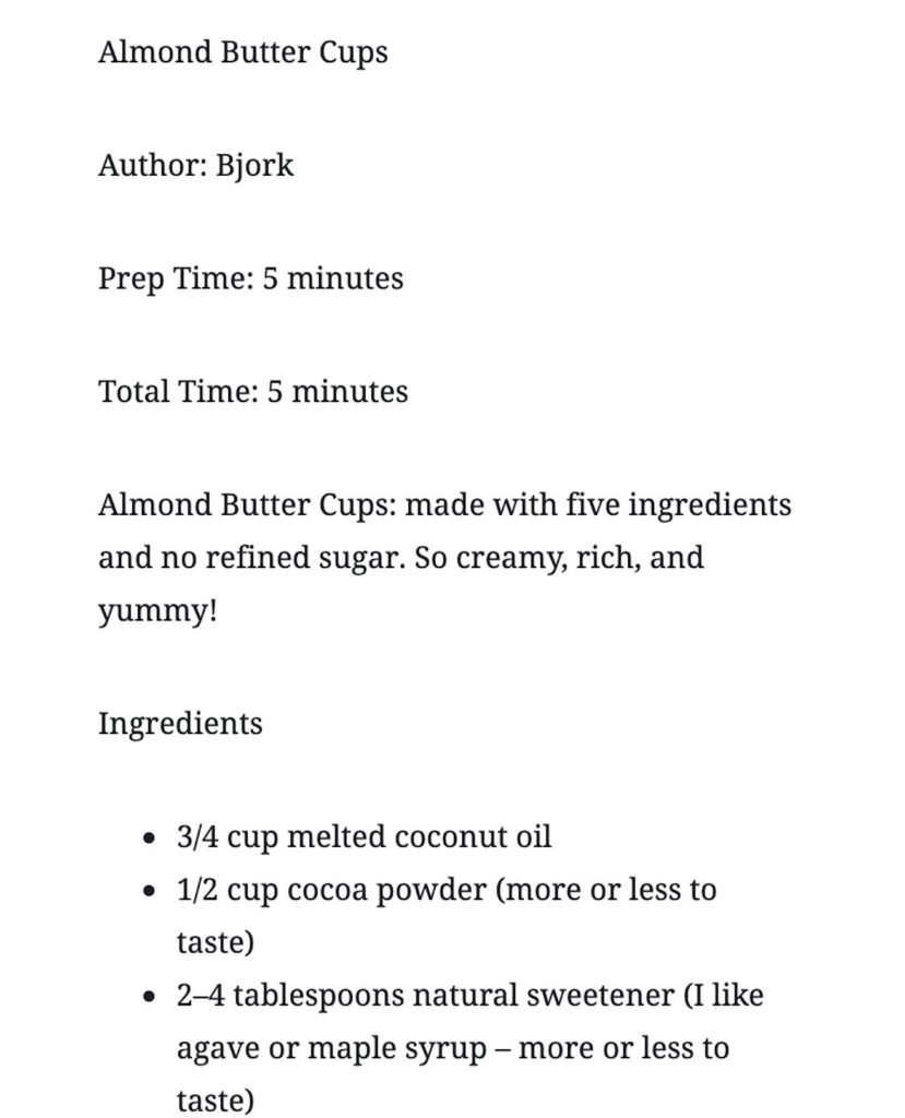 A screenshot of a recipe written directly in the WordPress block editor
