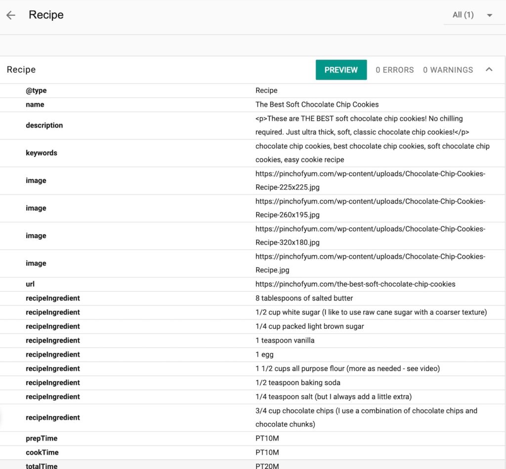 A screenshot of the Structured Data Testing Tool with the Recipe results