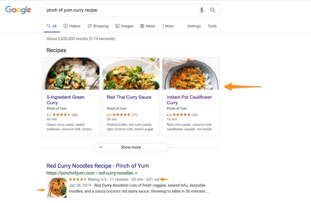 A screenshot of rich results and the Google Recipe Carousel for a recipe search