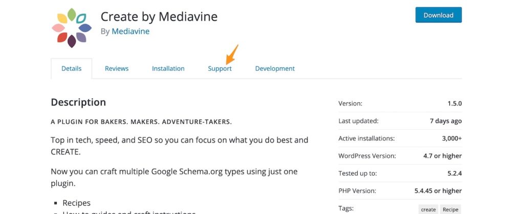 A recipe of the WordPress plugin download page with an arrow to the Support button