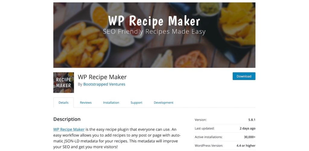 A screenshot of the WP Recipe Maker download page on WordPress