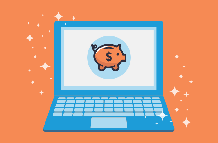 a picture of a computer with a piggy bank icon the screen against an orange background