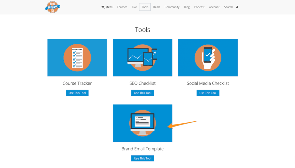 A screenshot of the tools on Food Blogger Pro with an arrow pointing to the Brand Email Template tool