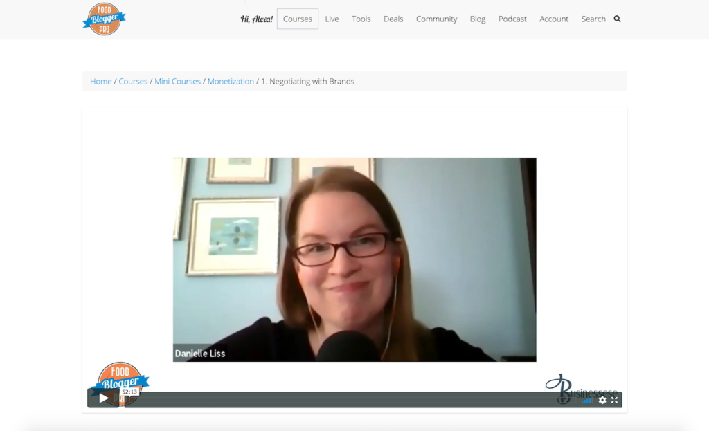 A screenshot of the Negotiating with Brands mini course on Food Blogger Pro with a photo of Danielle Liss