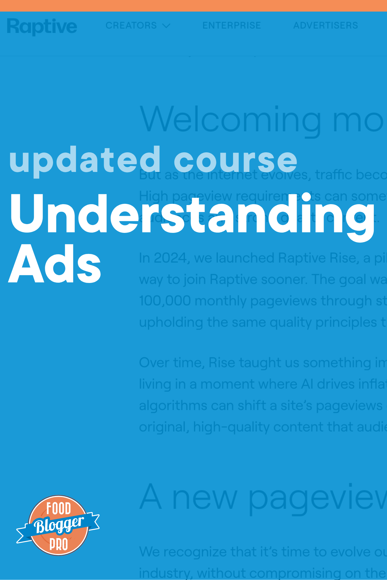 A screenshot from Raptive with a blue overlay and the text, "updated course Understanding Ads"