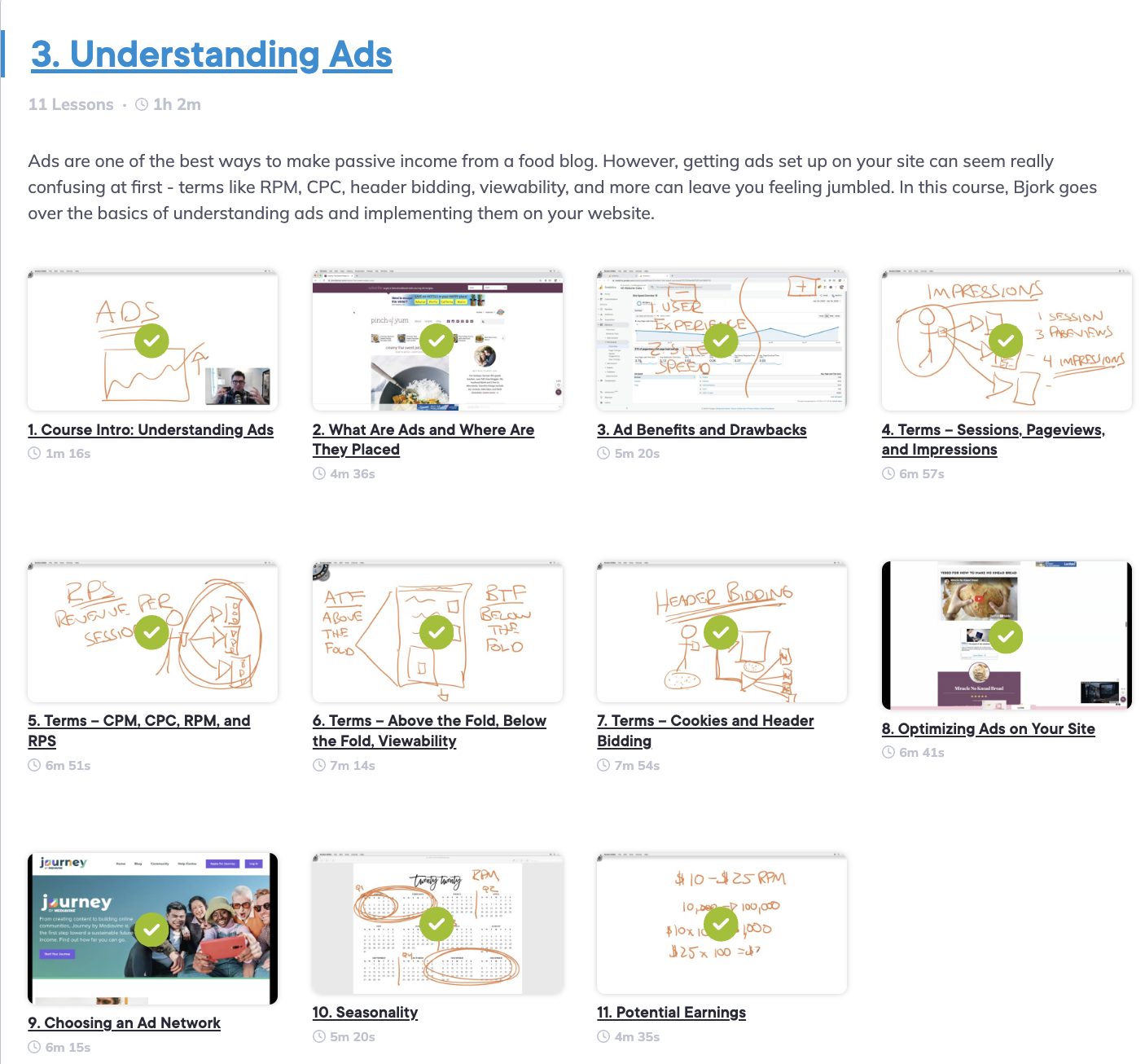 A screenshot of the course overview showing the lessons available in the Understanding Ads course. 