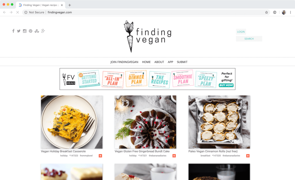 A screenshot of the Finding Vegan homepage