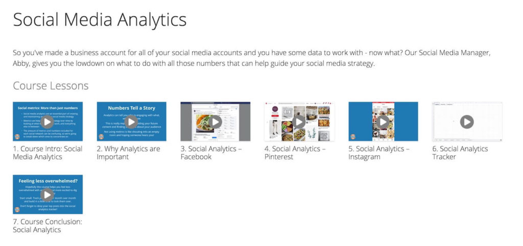 A screenshot of the Social Media Analytics course lessons on Food Blogger Pro