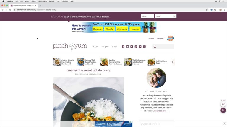 Creamy Thai Sweet Potato Curry on Pinch of Yum with ads as part of Food Blogger Pro Understanding Ads course