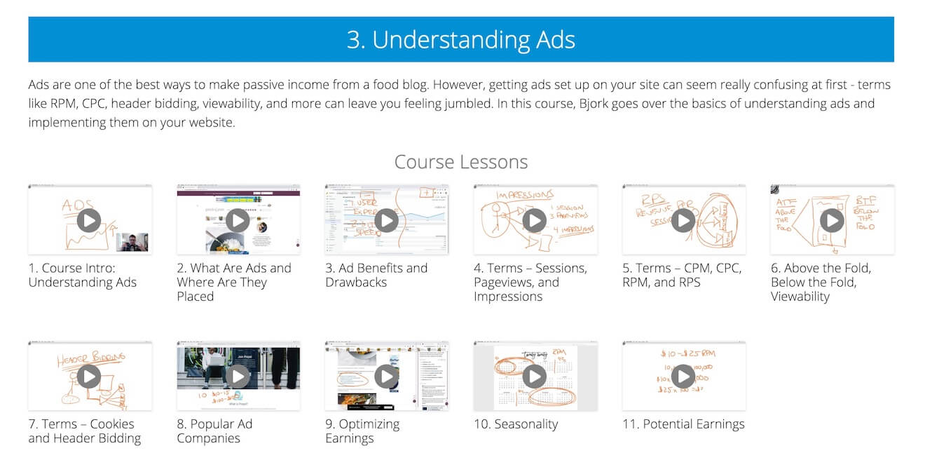 the lesson videos in Food Blogger Pro's new Understanding Ads course