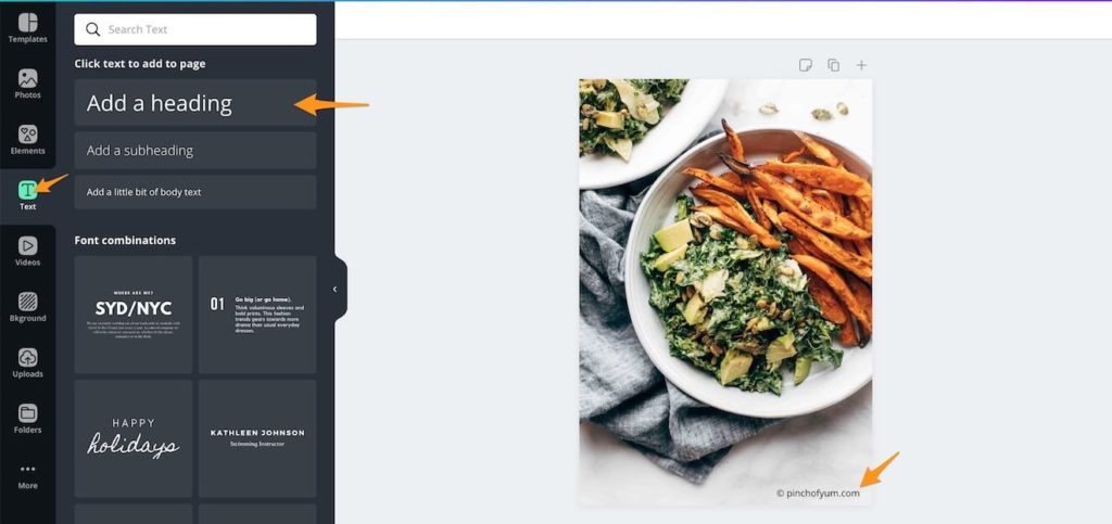 Orange arrows pointing to text options in Canva
