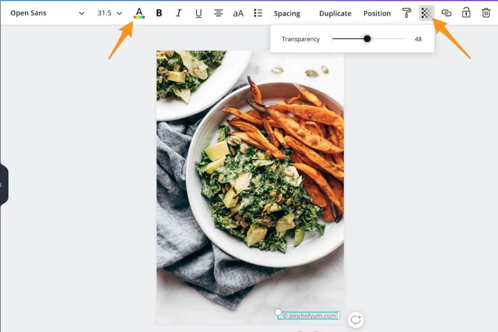 Orange arrows pointing to the Transparency and font color options in Canva