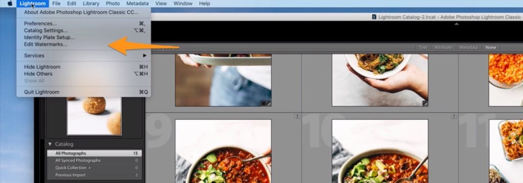 A photo of Lightroom with an arrow pointing to the 'Edit Watermarks' menu item