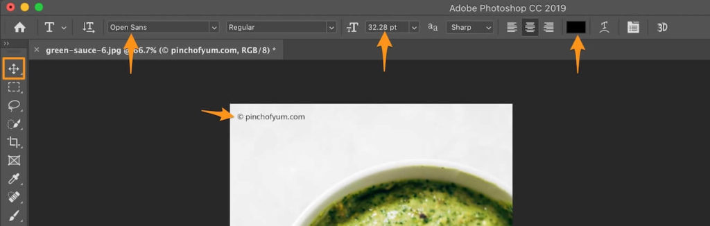 Orange arrows pointing to the font, size, and color options in Photoshop