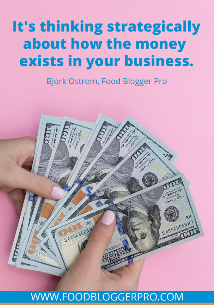 A quote from Bjork Ostrom’s appearance on the Food Blogger Pro podcast that says, 'It's thinking strategically about how the money exists in your business.'