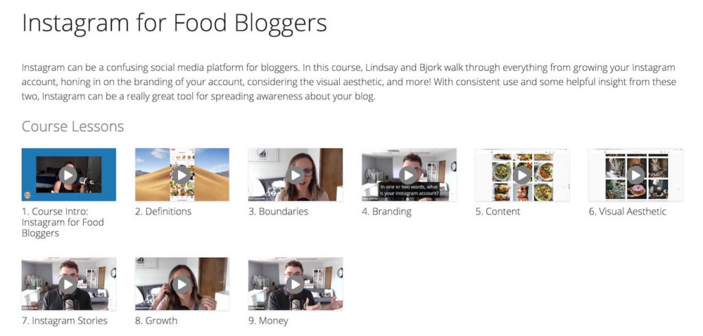 A screenshot of the Instagram for Food Bloggers course lesson videos on Food Blogger Pro