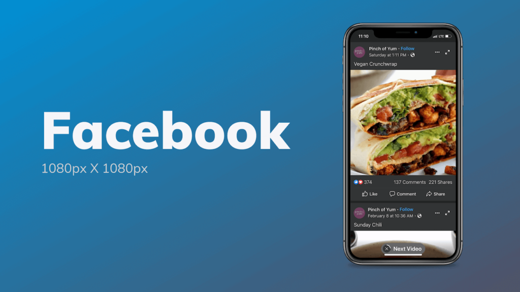A phone with a screenshot of a Facebook video with the video size recommendation 1080px X 1080px
