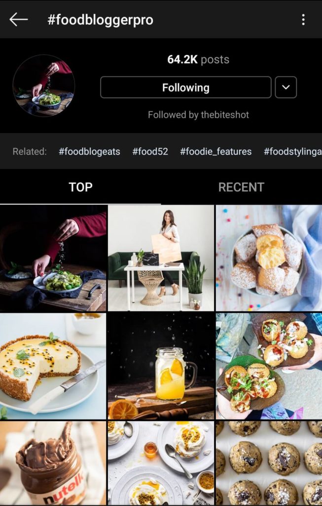 A screenshot of the #foodbloggerpro hashtag feed on Instagram