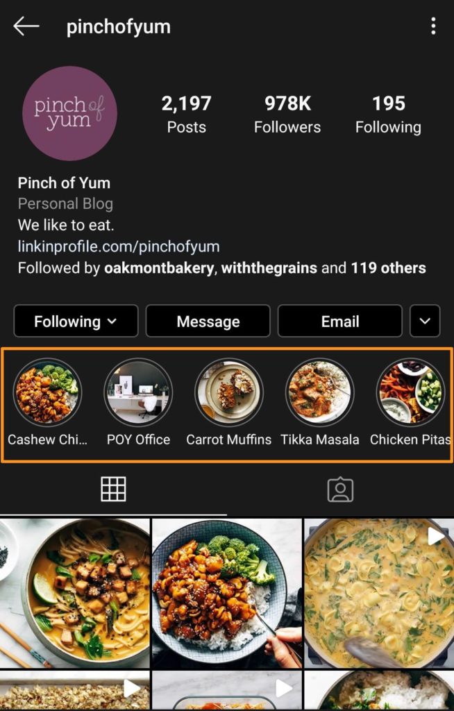 A screenshot of the @pinchofyum Instagram profile with an orange square surrounding the highlights section
