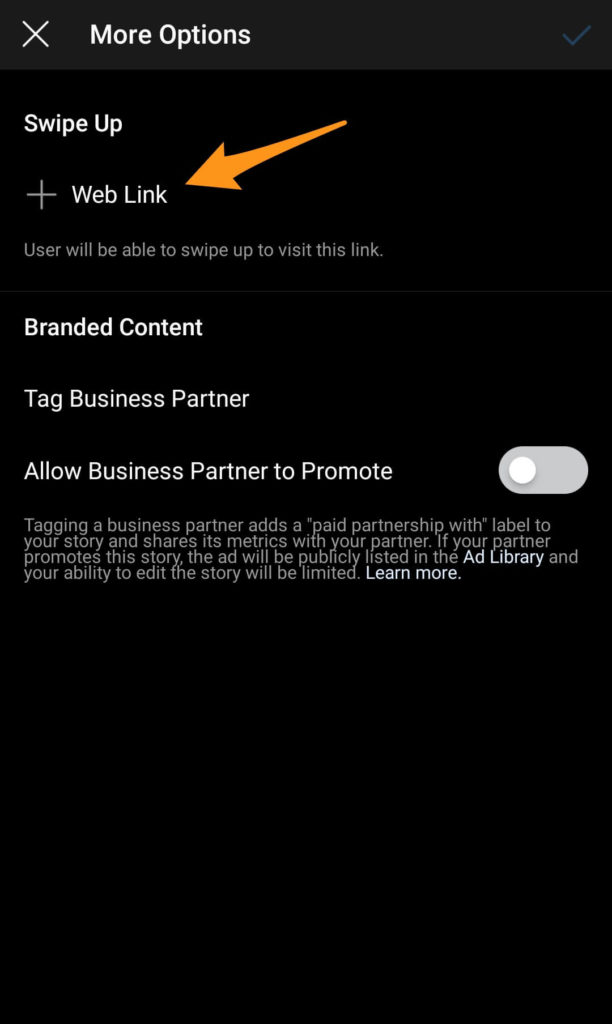 Screenshot of Instagram story options with setting 'Web link' indicated by an arrow