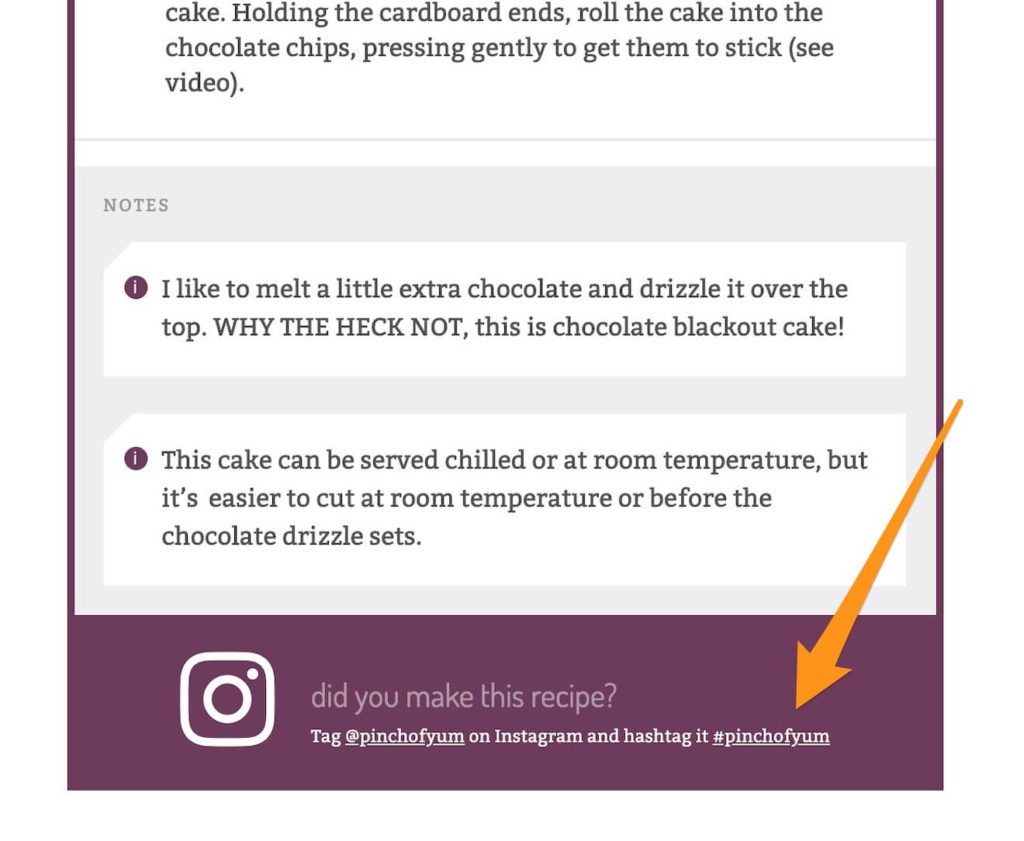 Screenshot of pinchofyum.com's recipe card showcasing a branded hashtag they're using