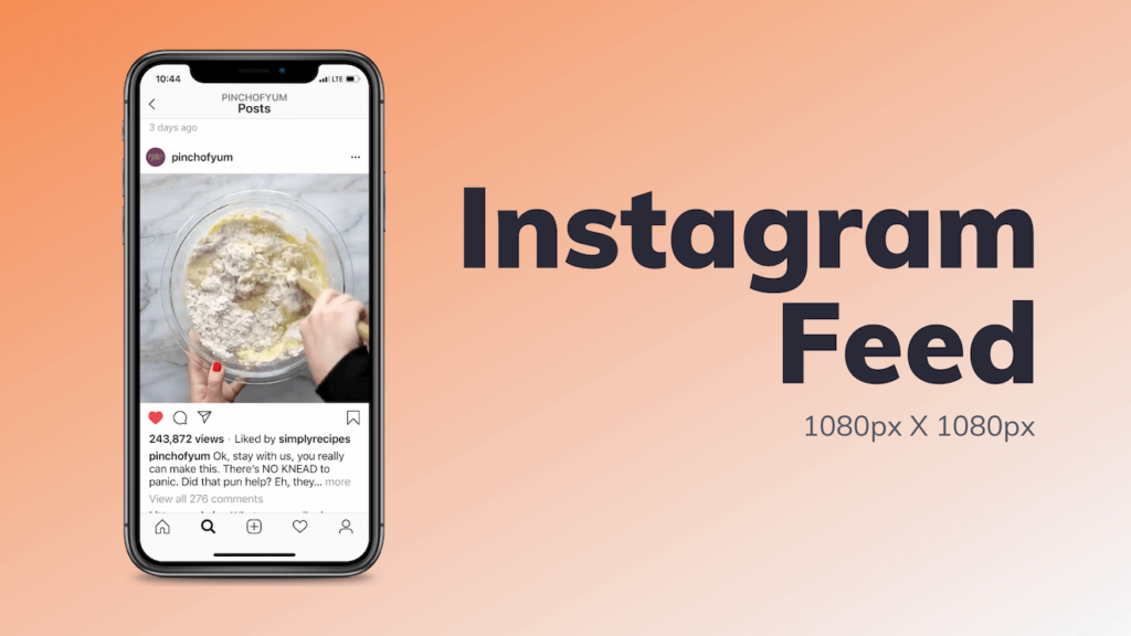A phone with a screenshot of an Instagram video with the video size recommendation 1080px X 1080px