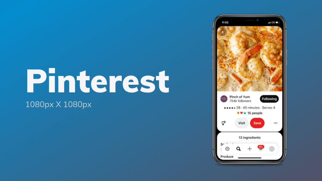 A phone with a screenshot of a Pinterest video with the video size recommendation 1080px X 1080px