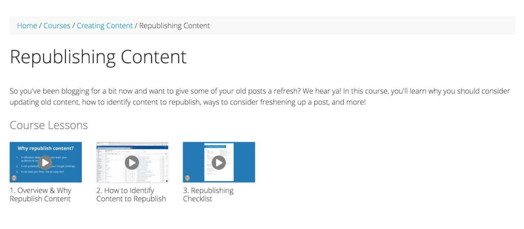 a screenshot of the Republishing Content course lessons on Food Blogger Pro
