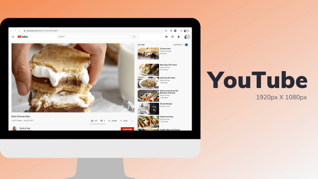 A phone with a screenshot of a YouTube video with the video size recommendation 1920px X 1080px