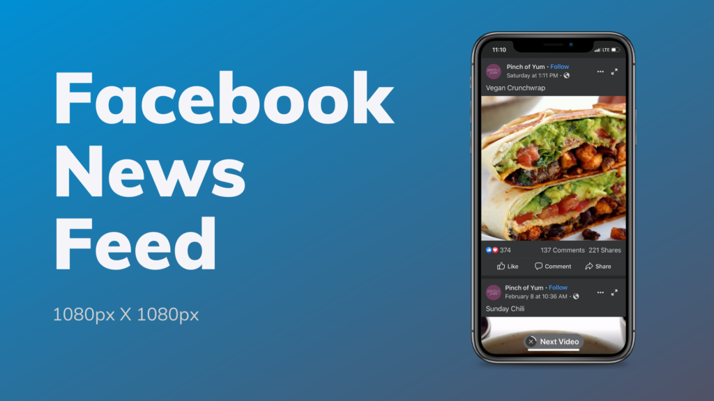 Screenshot of video on an iPhone that reads 'Facebook News Feed, 1080 X 1080 px'