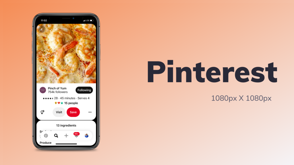 A phone with a screenshot of a Pinterest video with the video size recommendation 1080px X 1080px