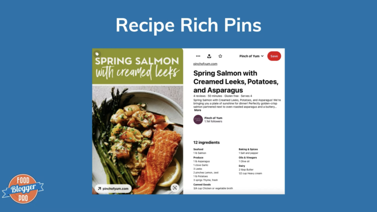 Blue slide with Food Blogger Pro logo that reads 'Recipe Rich Pins' with a screenshot of a Pinch of Yum pin