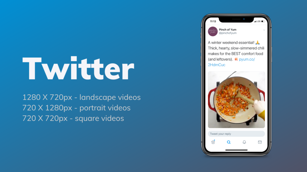 A phone with a screenshot of a Twitter video with the video size recommendations