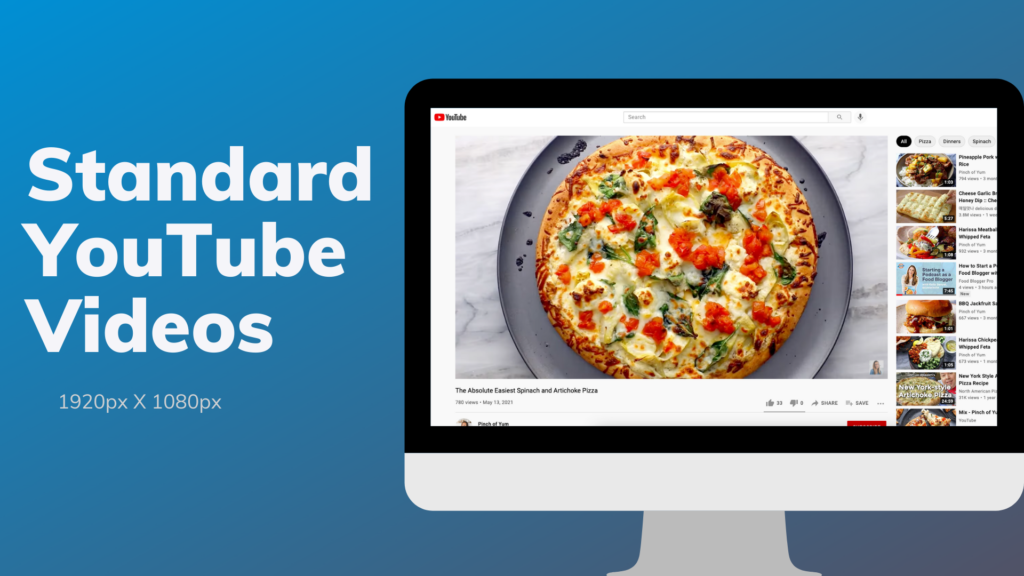 A phone with a screenshot of a YouTube video with the video size recommendation 1920px X 1080px