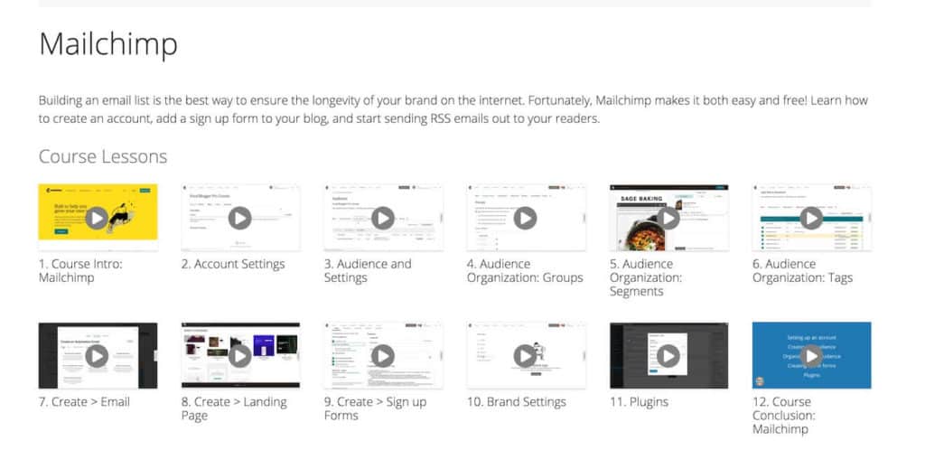 The lessons for the Mailchimp course on Food Blogger Pro