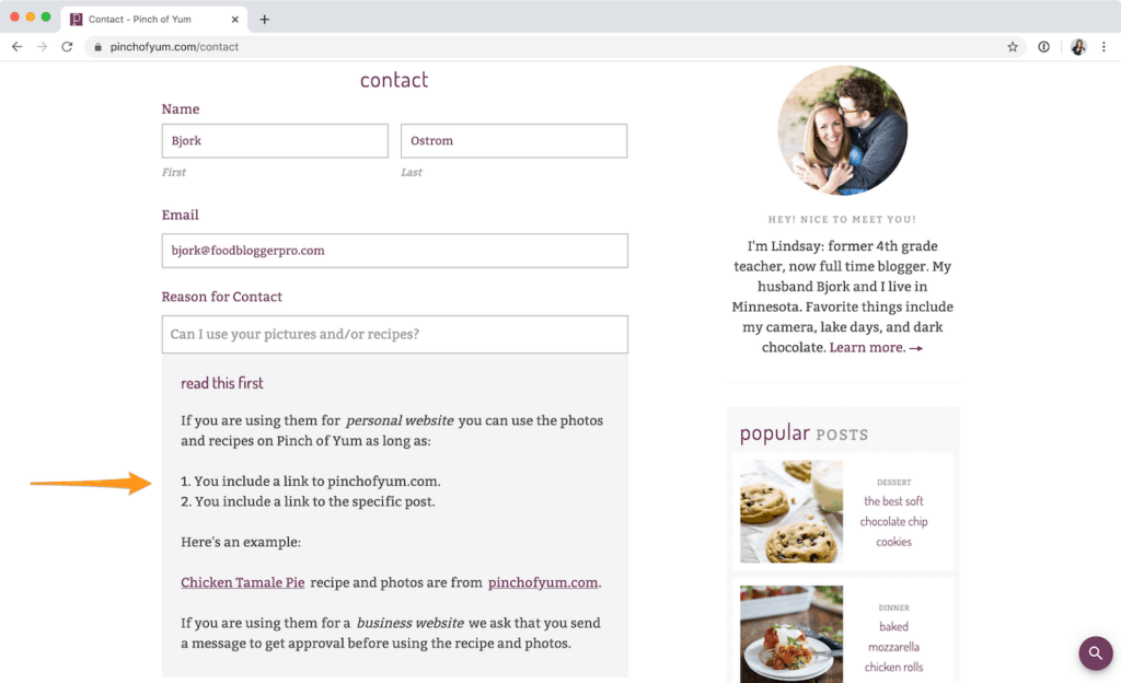 A screenshot of Pinch of Yum's Contact page with the "Can I use your pictures and/or recipes" reason for contact selected