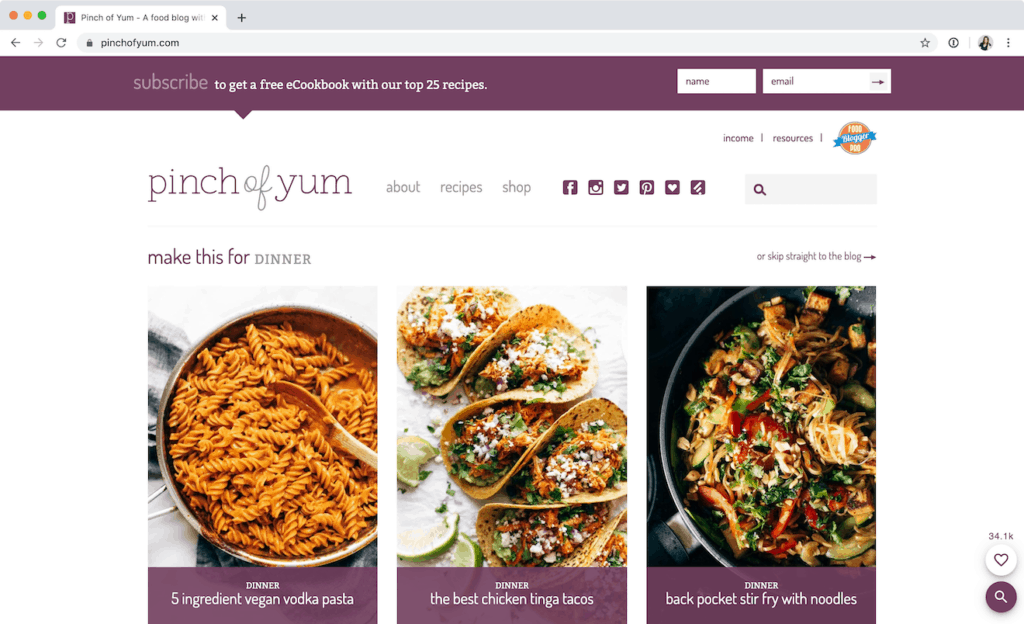 The Pinch of Yum homepage in 2020 with three featured recipes at the top